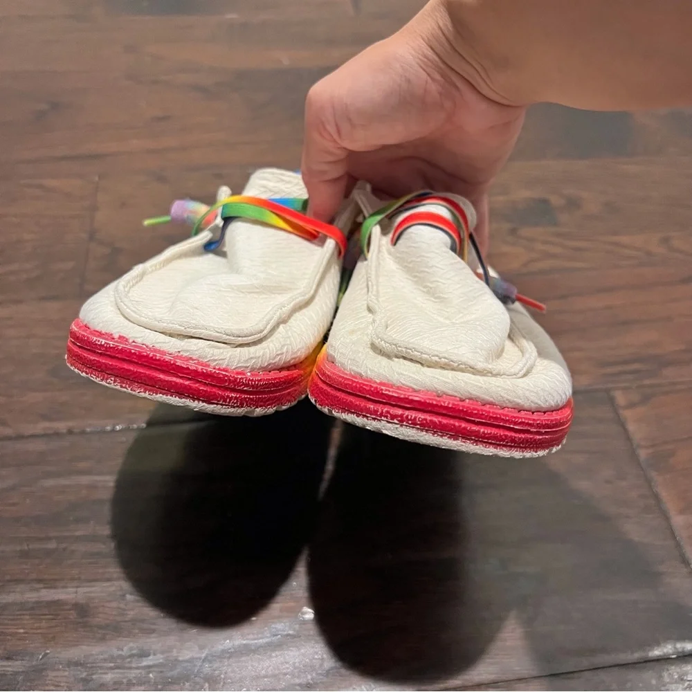 Hey Dude Light Cream Slip-On Shoes with Rainbow Accents